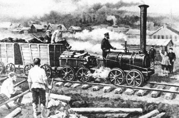 בניית הרכבת הראשונה של רוסיה בידי האחים יפים ומירון צ'רפנוב, 1834. מתוך ציור של ולדימירוב. תמונה מויקיפדיה.