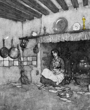 לכלוכית יושבת באח במטבח. איור מאת אדמונד דולאק מתוך הספר "יפיפיה נרדמת ואגדות אחרות", 1910.