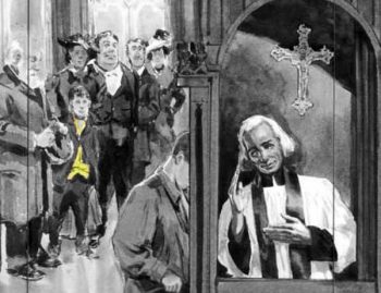 Saint John Mary Vianney taking confession. Illustration by Christopher J. Pelicano, 1998